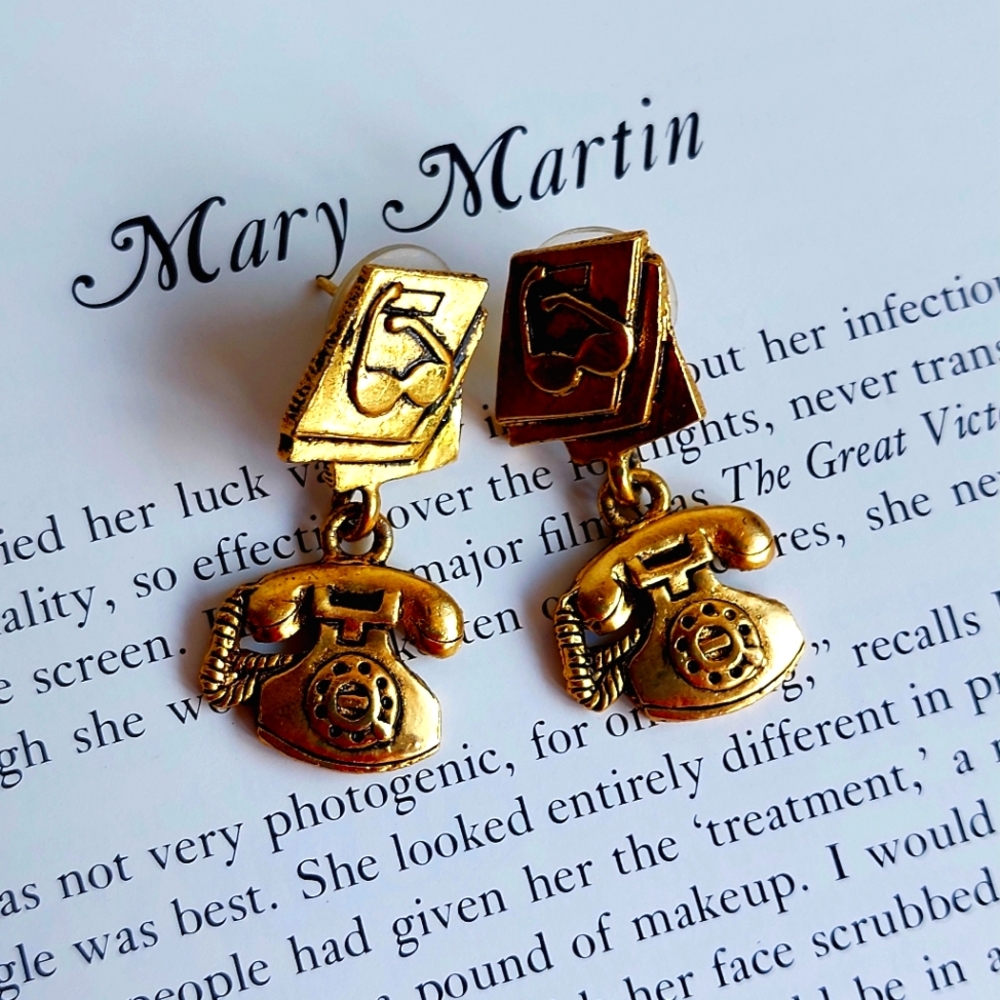 Vintage Earrings Golden Tone Metal Telephone Glasses Book Secretary BG Tofa 90'